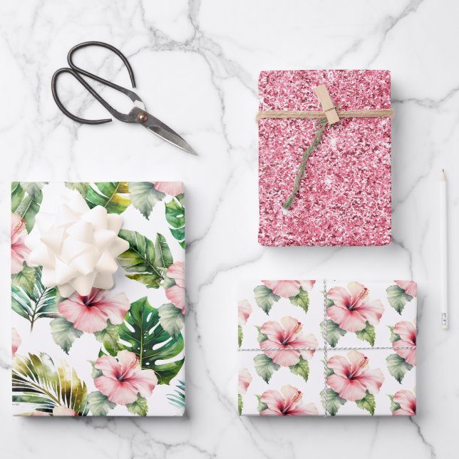 Blume zum tropischen Pink-Hibiskus Geschenkpapier Set (Vorderseite)