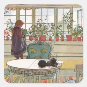 Blume zum Windows von Carl Larsson Quadratischer Aufkleber