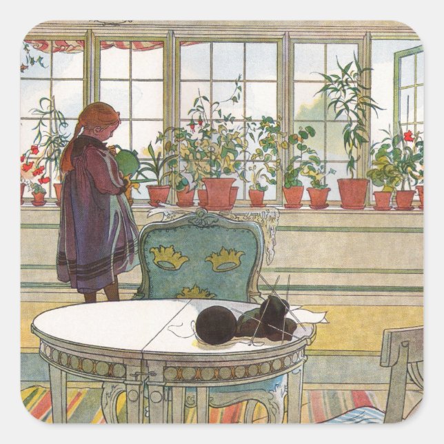 Blume zum Windows von Carl Larsson Quadratischer Aufkleber (Vorderseite)