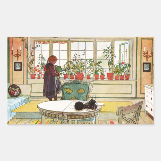 Blume zum Windows von Carl Larsson Rechteckiger Aufkleber (Vorderseite)