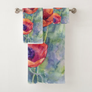 Blume zur Mohnblüte in Aquarellfarben Blume Badhandtuch Set