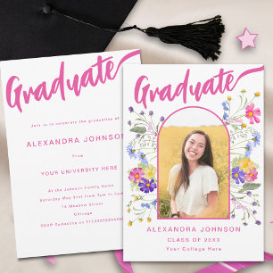 Blumen-Absolventenfoto Rosa Schrift Graduierungsfe Einladung