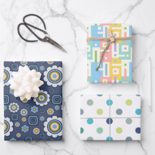 Blumen, Abstraktes und Polka-Punkte Geschenkpapier Set