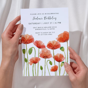 Blumen-Aquarell-Mohn Moderne Geburtstagsfeier für  Einladung
