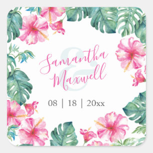 Blumen-Aquarell Rosa und Grüne Gefallen-Sticker Quadratischer Aufkleber
