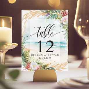 Blumen-Aquarell Strand Szene Sommerhochzeit Tischnummer