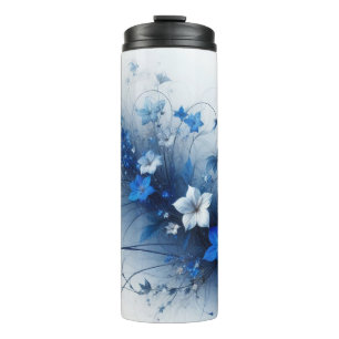 Blumen auf einer Weinrebe Blau-weiße Thermotasse Thermosbecher