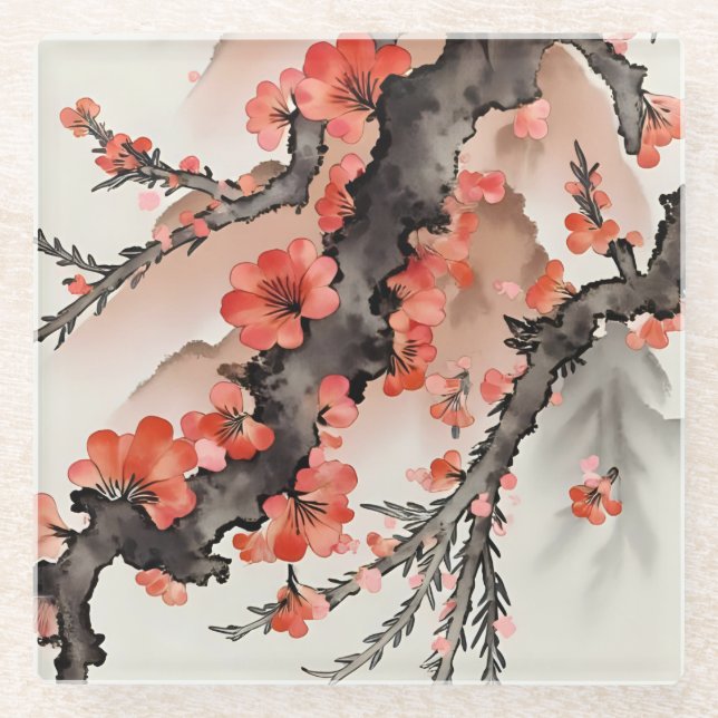 Blumen auf Schwarz Glasuntersetzer (Vorderseite)