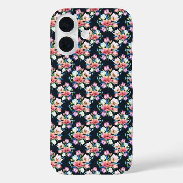Blumen auf Schwarz iPhone 16 Hülle (Rückseite)