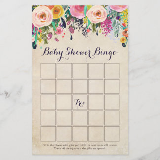 Blumen-Baby-Shower-Bingo-Spielkarten, Vintage