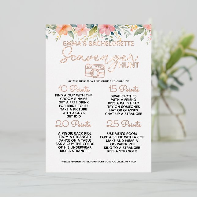 Blumen Bachelorette Scavenger Jagd Spiel Bridal Folieneinladung (Stehend vorne)