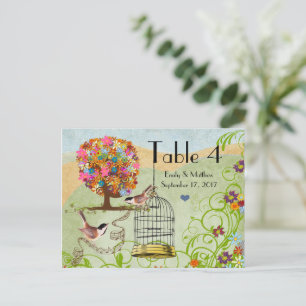 Blumen Baum Vögel & Vogelkäfig Hochzeit Nummer Kar Postkarte