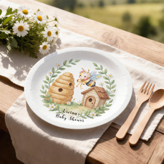 Blumen-Bienenstöcke und kleine Biene Baby Shower Pappteller