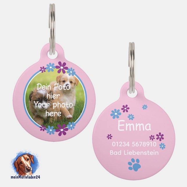 Blumen blau lila | rosa Hundemarke  Haustiermarke (Personalisierbare Rosa Haustiermarke mit Blumenumrandung, personalisierbar mit eigenem Foto und Text)