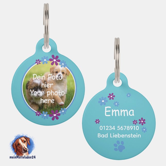 Blumen blau lila | türkis Hundemarke  Haustiermarke (Foto-Haustiermarke mit Blumenumrandung, türkis, personalisierbar mit eigenem Foto und Text)