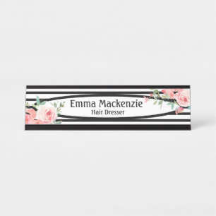 Blumen Blumen Schwarz-Weiß-Büroschreibtischschild Schreibtischnamensplakette