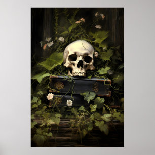 Blumen-Bücher-Totenkopf-Porträt-Druck, Dark Academ Poster