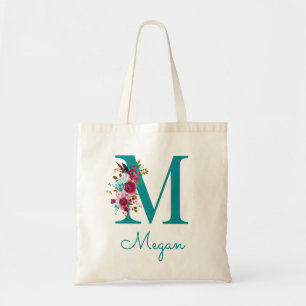 Blumen-Buchstabe M Schrift Monogramm Türkis Rosa Tragetasche