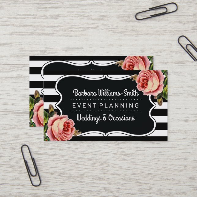 Blumen-BW klammert | Streifen-Ereignis-Planung ein Visitenkarte (Vorderseite/Rückseite Beispiel)