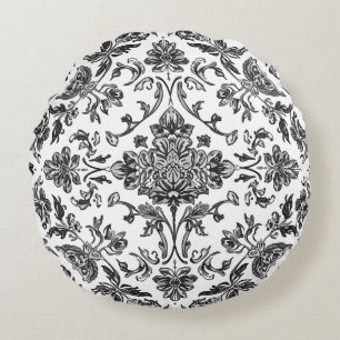 Blumen-Chinoiserie Schwarz-Weiß-Aquarell Rundes Kissen