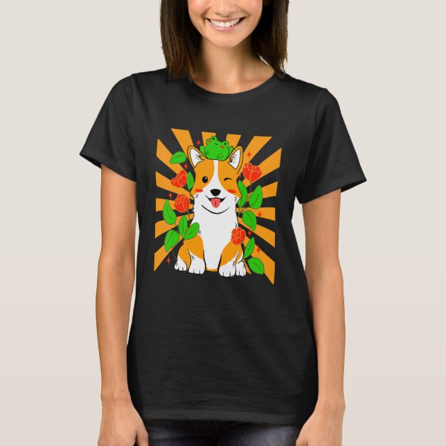 Blumen Corgi Hund T-Shirt (Vorderseite)