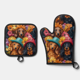 Blumen-Dackel-Nahtloses Muster - Hunde-Liebhaber Ofenhandschuh & Topflappen-Set