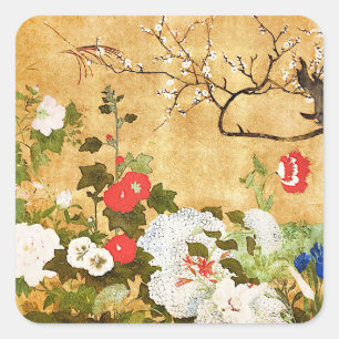 Blumen der vier Jahreszeiten, Saito Ippo, Asiatisc Quadratischer Aufkleber