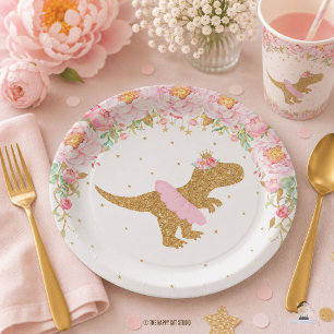 Blumen-Dinosaurier-Geburtstagsfeier Rosa Tutu T-Re Pappteller
