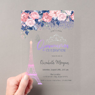 Blumen, Eiffelturm Schmetterling Ombre Quinceanera Acryleinladungen
