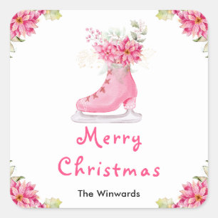 Blumen-Eislaufschuh Pink Frohe Weihnachten Quadratischer Aufkleber