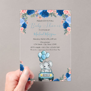 Blumen, Elefant Babyshower Acryleinladungen