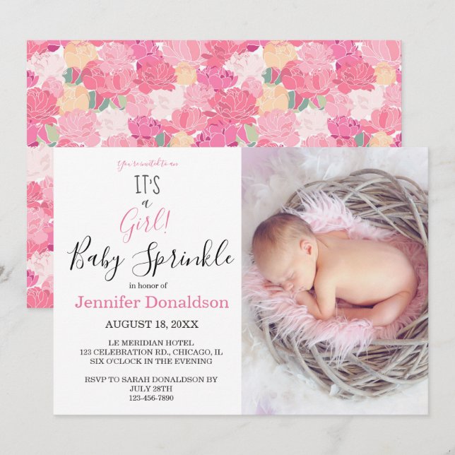 Blumen Es ist ein Mädchen! Pink Foto Baby Sprinkle Einladung (Vorne/Hinten)