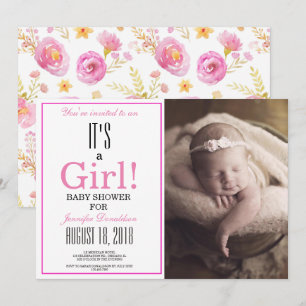 Blumen Es ist ein Mädchen! Rosa Foto Babydusche Einladung
