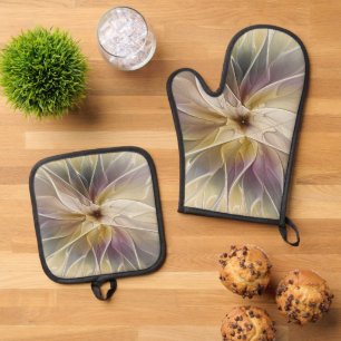 Blumen-Fantasie Gold Aubergine Abstrakte Fraktal-K Ofenhandschuh & Topflappen-Set