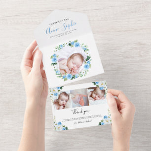 Blumen-Foto-Geburtsanzeige und Dankeskarten All In One Einladung