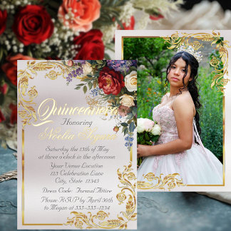 Blumen-, Foto- & Goldrahmen - Pearl Quinceanera Folieneinladung