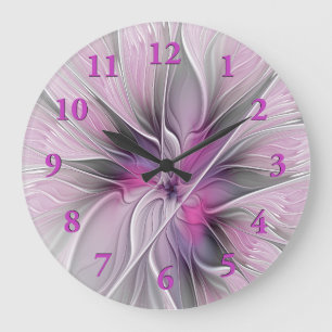 Blumen-Fraktal Moderne Abstrakte Blume Pink Grau Große Wanduhr