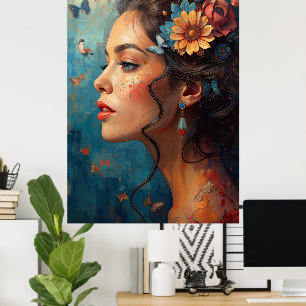 Blumen-Frauenporträt-Kunstposter Schmetterlinge Poster