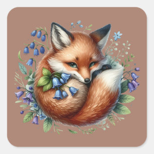 Blumen-Fuchs Botanische Waldkunst Quadratischer Aufkleber