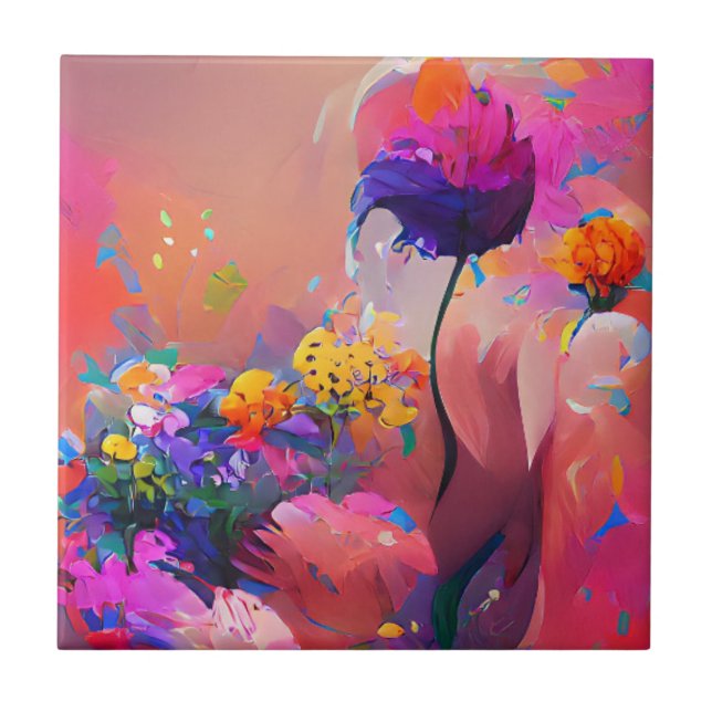Blumen fuchsiengelbe lila Digitalkunst Fliese (Vorderseite)