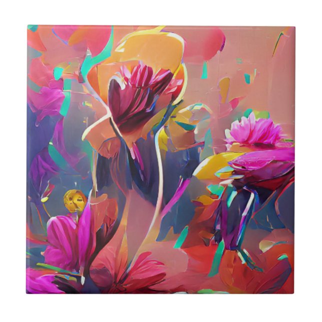 Blumen fuchsiengelbe rosa Digitalkunst Fliese (Vorderseite)