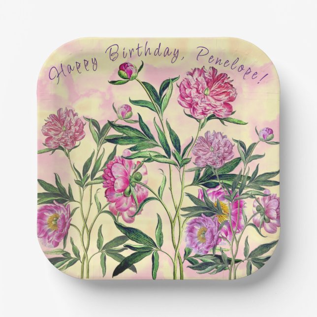 Blumen Garden Peonies Happy Birthday personlisiert Pappteller (Vorderseite)