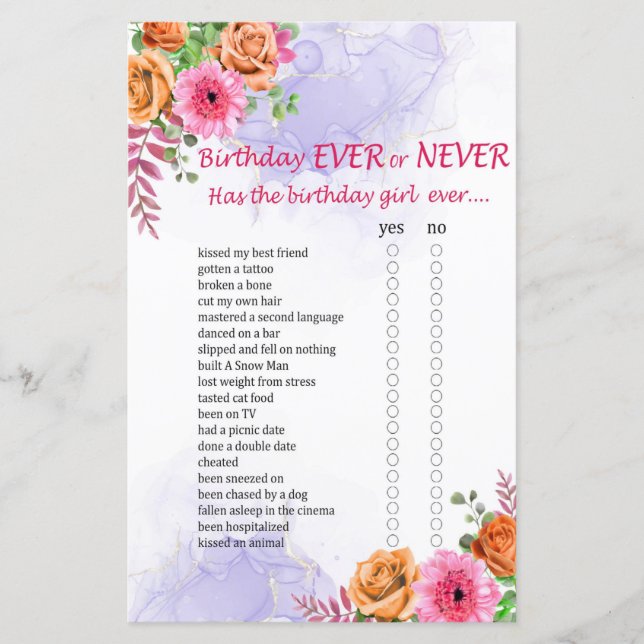 Blumen Geburtstag Ever oder Never Spiel (Vorderseite)