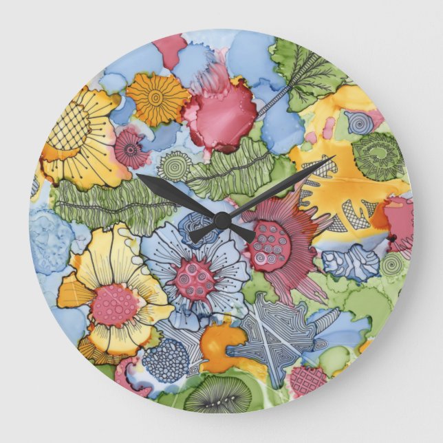 Blumen-Gekritzel-Acrylwand-Uhr Große Wanduhr (Vorderseite)