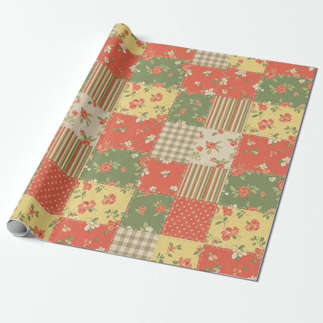 Blumen-Gingham-Patchwork im Vintage-Landhausstil Geschenkpapier (Ungerollt)