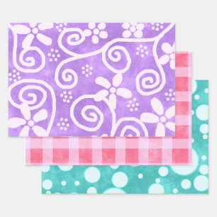Blumen-Gingham-Punkte Mehrfarbiges Muster-Dekupage Geschenkpapier Set