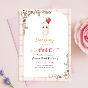 Blumen-Gingham Süße Hase-Kaninchen-Mädchen 1. Gebu Einladung