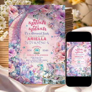 Blumen Glitter Meerjungfrauenschwanz 4. Geburtstag Einladung