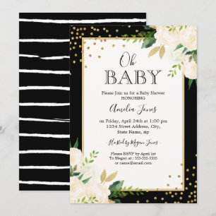 Blumen Glitzer Gold Black Stripes Oh Babydusche Einladung
