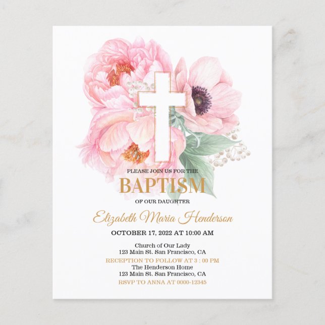 Blumen & Gold/BUDGET - Taufe für Mädchen. Flyer (Vorne)